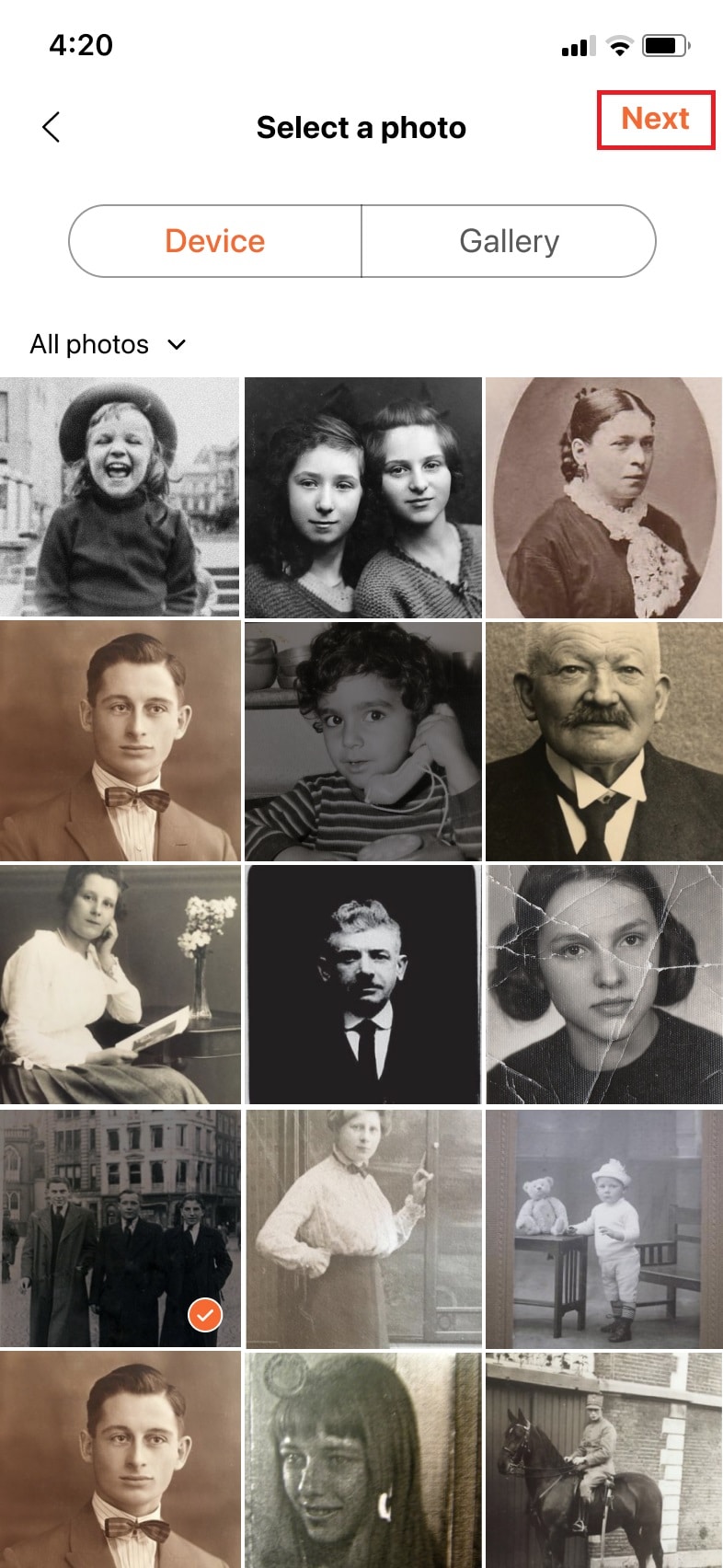 Выбор фотографии в приложении MyHeritage